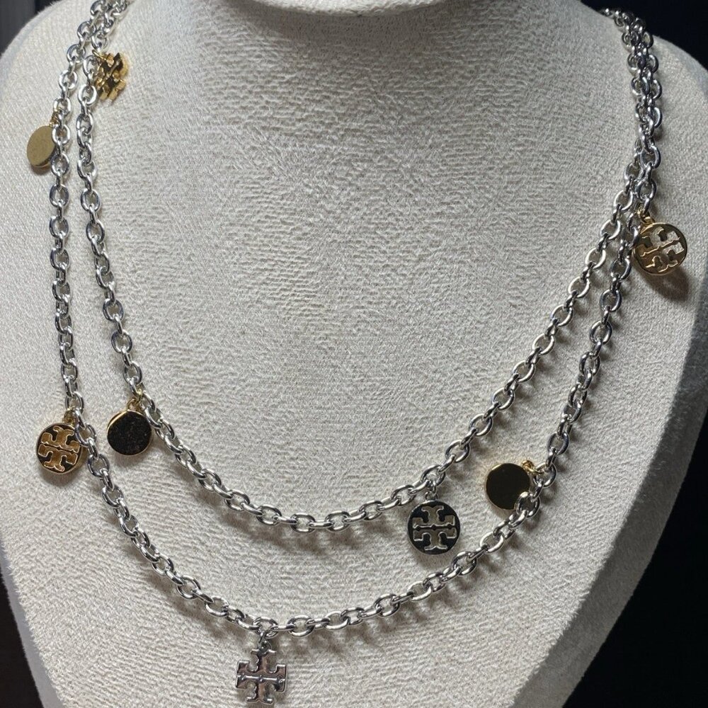 Tory Burch Long Logo Charm Necklace 41” Silver Tone Double Chain Designer